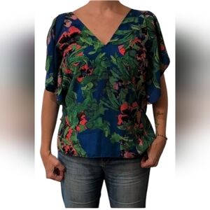 Rebecca Minkoff Royal blue Flutter Sleeve V Neck Floral Blouse Size XS